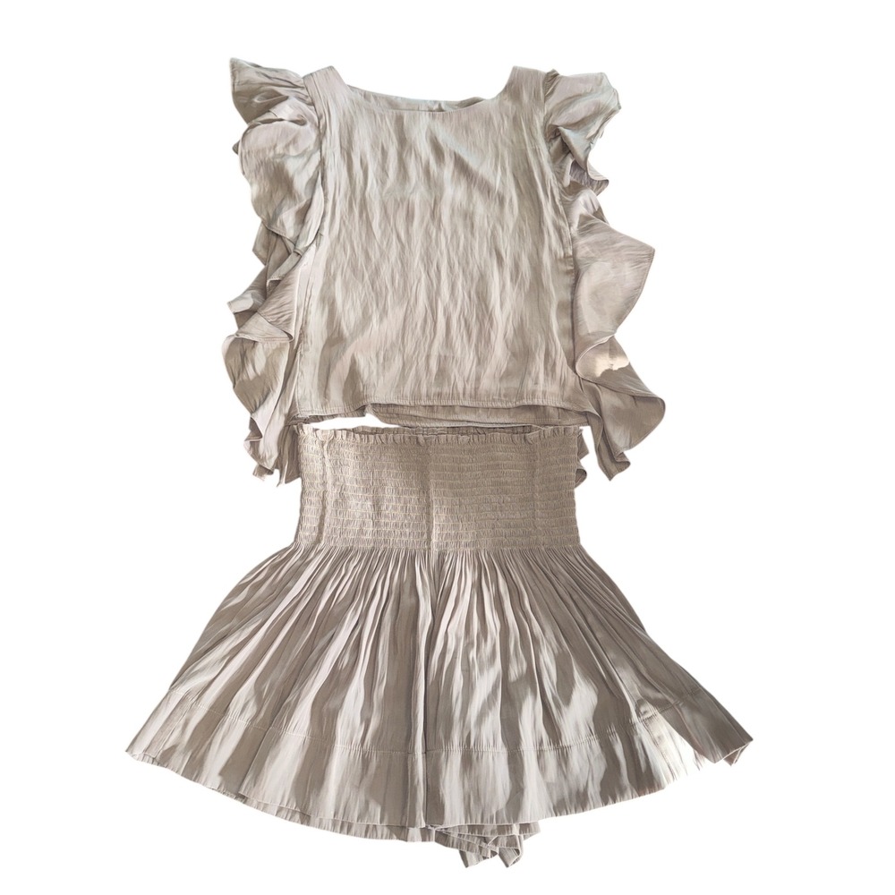 KOCH Erica Top and Nicole Skirt Set Taupe Ruffle Crop Smocked Waist Small